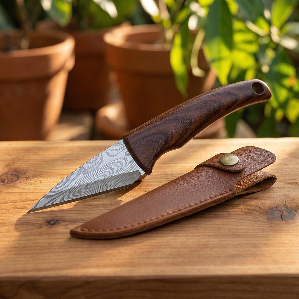 Harvest Knife Garden - Houten handvat entmes met leren omhulsel,